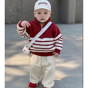 Sẵn Ship- Áo Len kéo khóa kẻ ngang trắng vs quần thô hàng quảng châu cao cấp cho bé trai bé gái 5-17kg mix đồ
