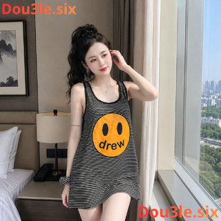 Váy 2 Dây Kẻ Ngang Mặt Cười Dou3le.six Đầm Suông Chất Cotton Co Giãn Mềm Nữ Tính .