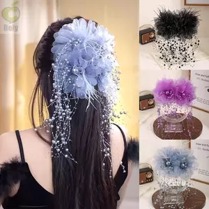 RLY Nắm Kẹp, Vải Bốn Hoa Vuốt Tóc, Tua Rua Thanh Lịch Lông Hoa Ngọc Trai Cá Mập Kẹp Cho Bé Gái