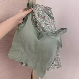 MAKY Hoa Co Giãn Eo Pyjama Vest Có Đệm Ngực Pyjama Quần Nhà Quần Mùa Hè Bộ Dành Cho Nữ VN