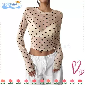 EBINLANDS Nhìn xuyên thấu, Áo thun dài tay thời trang bằng vải Sheer, chấm bi cổ tròn Slim Fit Top nữ