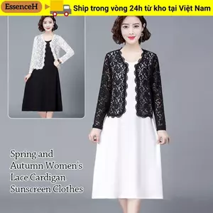 Áo sơ mi điều hòa ESSENCEH, Áo len cardigan nữ mùa hè buộc dây thoáng khí, Áo len ngắn ren hoa bãi biển cực lớn dành cho nữ