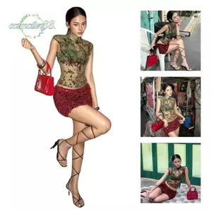 CATMALLER88 Áo in hoa mận, Vải co giãn không tay cho nữ nhìn xuyên thấu Áo tăng, Áo thun chắp vá Jacquard gợi cảm Cổ áo Skinny Fit Thời trang đường phố Mặc mùa hè