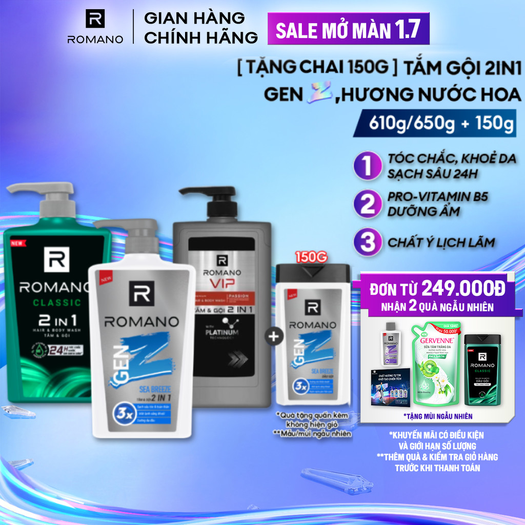 [TẶNG Chai 150G] Tắm gội 2in1 cho nam Romano hương nước hoa 650g/ Gen Z 610g/ VIP 650g (Tặng phân loại ngẫu nhiên)