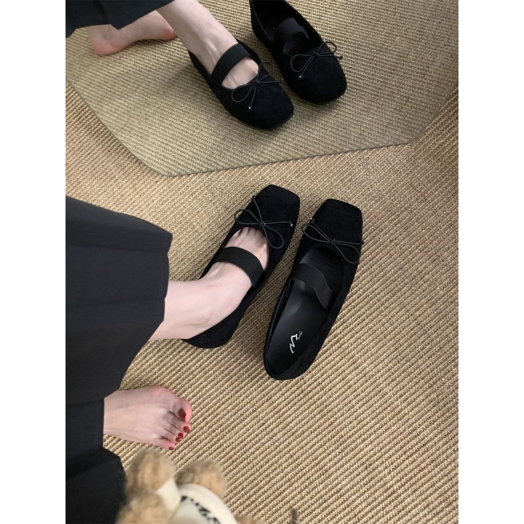 Giày nữ mũi vuông nơ nghệ thuật Mary Jane Flats Suede