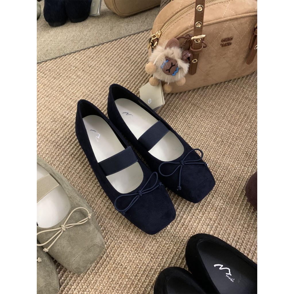 Giày nữ mũi vuông nơ nghệ thuật Mary Jane Flats Suede