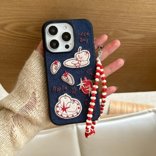 Hàn Quốc Ins Flannel Táo Thêu Trái Cây Vải Denim Đính Hạt Dây Xích Ốp Lưng Điện Thoại iPhone 17Promax 17Pro 14 15 16 Pro Max 13 Chống Sốc Ngọt Ngào Nữ Tính Vỏ Di Động