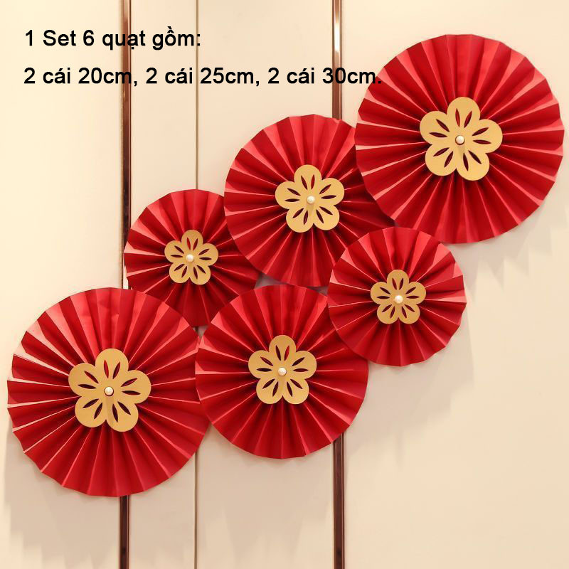 M6 Set 6 Quạt Giấy Đỏ Trang Trí Tết 2025 Dán Tường Đính Ngọc MALAN
