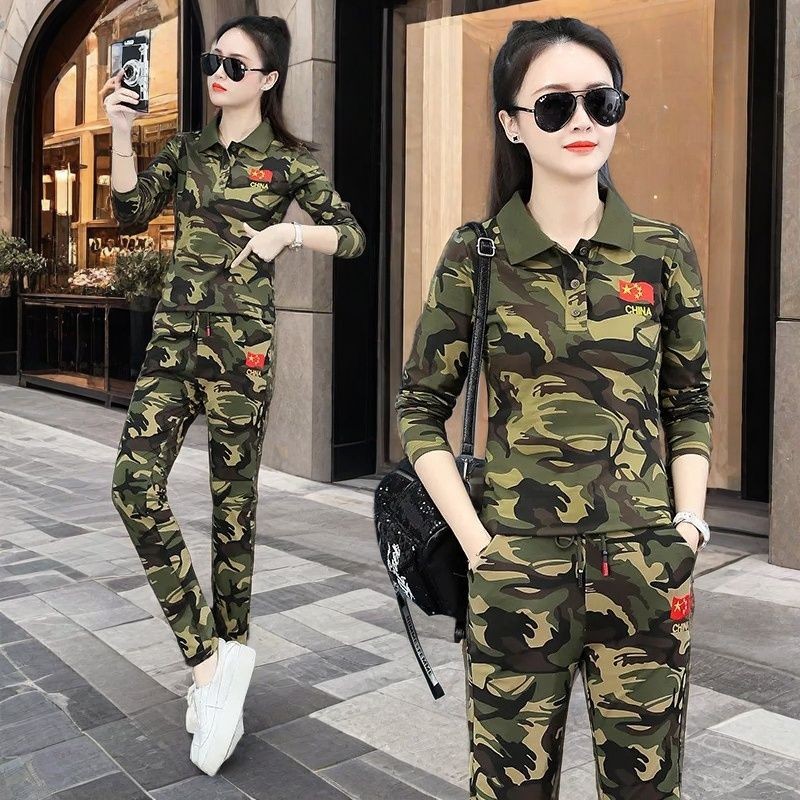 Bộ đồ ngụy trang Quần áo khiêu vũ thủy thủ + Quần dài tay giải trí ngoài trời Bộ đồ chạy bộ thể thao nữ