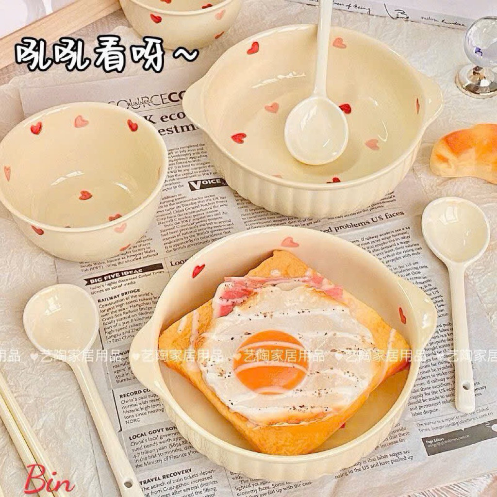 Sét bát to + bát con ăn cơm gồm 4 món - hoạ tiết hoa tim 🌸🌸🌸