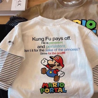 Mùa Xuân Thu Bé Trai Cotton Nguyên Chất Hoạt Hình Dài Tay Giả Áo Thun Hai Mảnh Áo Sơ Mi Bé Trai Thường Ngày Phong Cách Phương Tây Phù Hợp Với Đáy