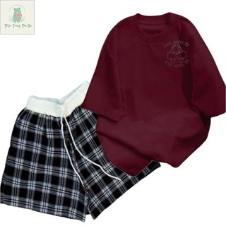 sét bộ quần đùi cộc kẻ caro cạp chun màu trắng +mix áo phông form rộng-in chữ CHI AND TI -