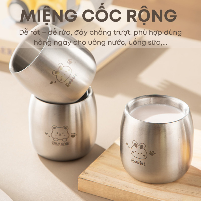 Ly Inox 304 Cho Bé 2 Lớp Cách Nhiệt Chống Nóng KOOBEE - Cốc Uống Nước An Toàn Thực Phẩm Dễ Thương 130ml | 333