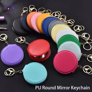 Gương trang điểm thời trang HFTOY PU Gương tròn nhỏ Móc khóa Gương gấp hai mặt ~
