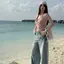 Pure Desire Style Hot Girl Kẻ sọc cổ chữ v Tay áo Trumpet dài tay thiết kế kiểu Mỹ Áo thun mỏng vừa vặn