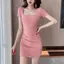 Váy ôm cổ vuông xếp ly hông tay ngắn Skinny eo hẹp