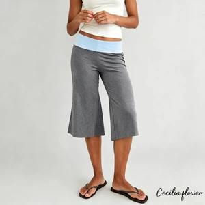 Quần Capri Nữ Thường Ngày Gấp Trên Dây Thắt Lưng Thấp Tăng Màu Tương Phản Quần Crop Chân Rộng