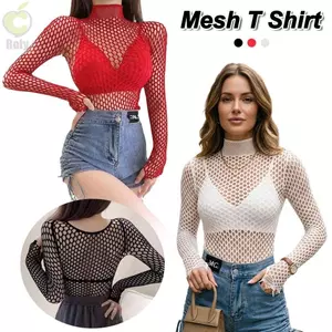 Áo lưới cá ROLY, Thiết kế gợi cảm Áo lưới rỗng, Chất liệu mỏng thời trang Slim Fit Vải mềm xuyên thấu Áo thun phong cách Gothic