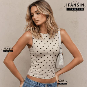 Áo Tank IN FANSIN, Áo Vest Không Tay Chấm Bi Slim Fit, Cổ Tròn Cổ Retro Thoáng Khí Crop Top Đi Biển Kỳ Nghỉ Tiệc Dạ Hội Dạ Hội Dạ Hội Dạ Hội