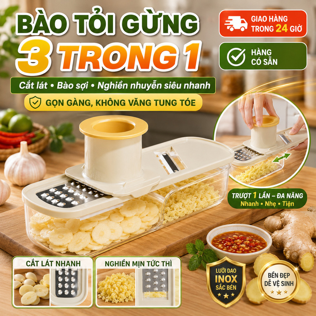 ⚡Ship Nhanh⚡3 trong 1 máy nghiền gừng tỏi đa năng | Inox không gỉ bào tỏi sợi nhuyễn | Nhỏ gọn lưỡi dao bào dừa tiện lợi