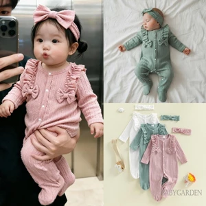 Sơ Sinh Quấn Chân Romper Màu Trơn Nơ Xù Dài Tay Cổ Tròn Áo liền quần Có Nơ Băng Đô