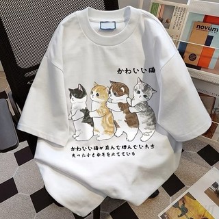 Áo thun nam nữ cổ tròn họa tiết mèo dễ thương, chất liệu cotton mềm, kiểu dáng cơ bản dễ phối nhiều đồ