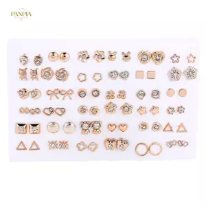 PNPIA- 36 Đôi Bông Tai Hỗn Hợp Kim Cương Giả Pha Lê Bướm Nơ Hoa Trái Tim Nhựa