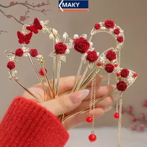 MAKY Retro Hoa Hồng Kẹp Tóc Nữ Phong Cách Trung Hoa sel Tóc Sti Chân Kẹp Tóc Hoa Handmade Kẹp Tóc Ngày Lễ Tình Nhân Mũ VN