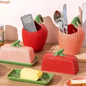 THEGIRL8B Bơ Tươi, Hộp Phô Mai Hình Dâu Gốm, Hộp Dao Kéo Chống Bụi Trang Trí Tinh Tế Món Ăn Bơ Cafe