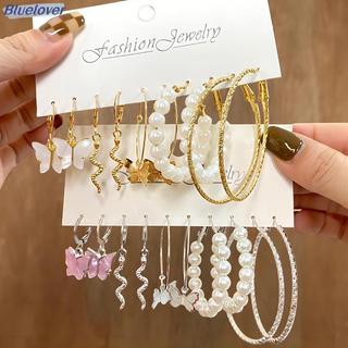 Bluelover 5 Đôi Thời Trang Lớn Màu Bạc Tròn Vòng Tròn Ngọc Trai Vòng Bông Tai Cho Bé Gái Rắn Bướm Tòn Ten Bông Tai Nữ Trang Sức Mới