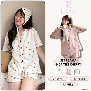 Set Pyjama Cộc Cổ V Hoạ Tiết Cherry Phối Viền S02 LIPU