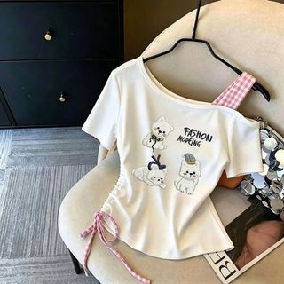 Áo thun bé gái cotton in hình dễ thương lệch vai - áo tay ngắn mùa hè thời trang cho trẻ em