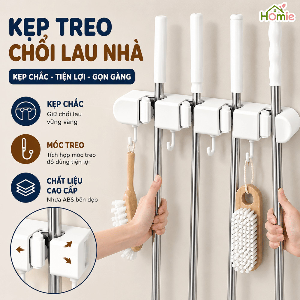 Kẹp Treo Chổi,Cây Lau Nhà Dán Tường Kèm Móc Treo Siêu Chắc HOMIE, Giá Treo Đồ Đa Năng Chịu Lực