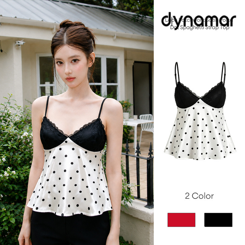 【dynamar】Áo hai dây chấm bi, phối ren chất lụa mỏng mát có dây điều chỉnh