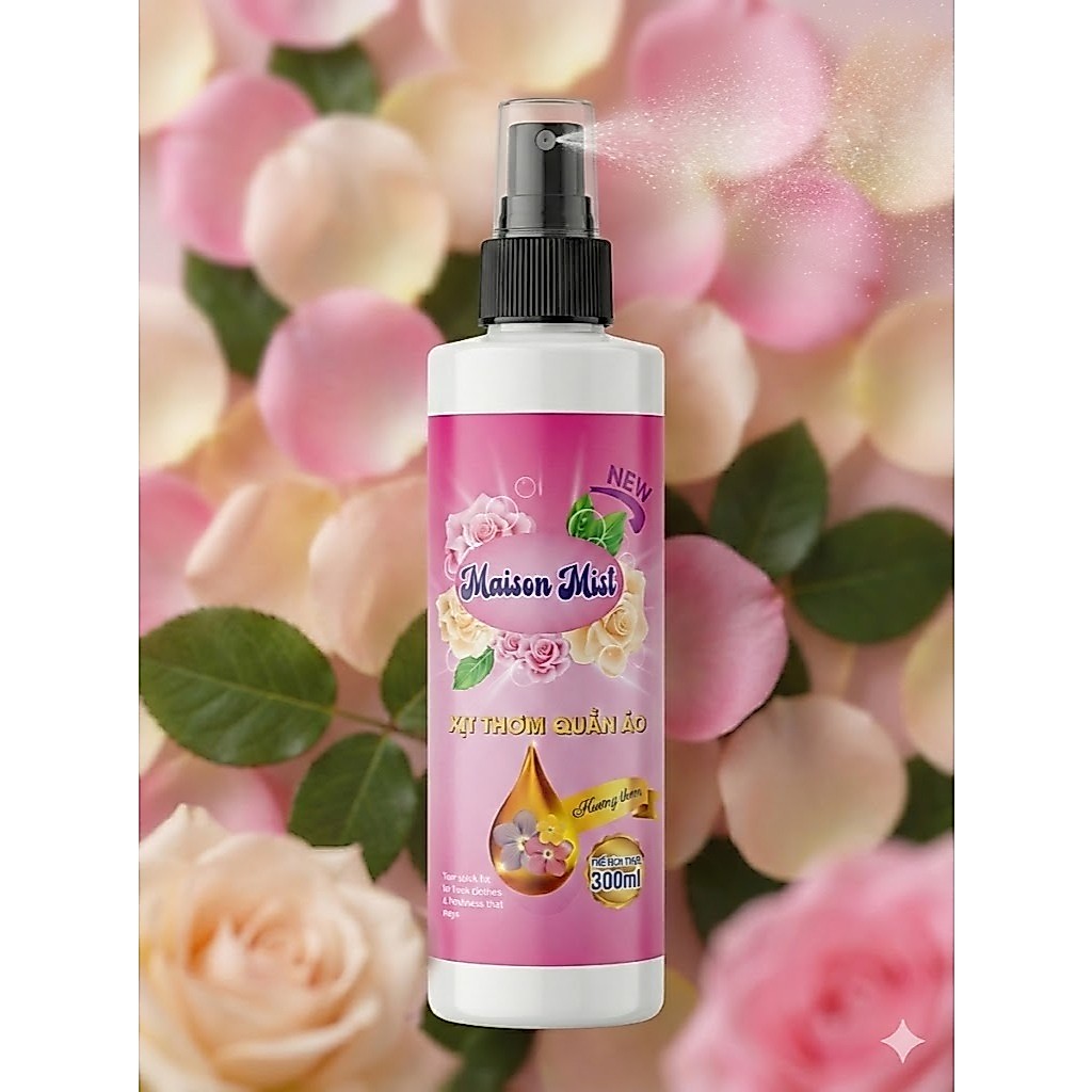 Xịt Thơm Phòng & Vải Maison Mist Hương Hoa Hồng - Khử Mùi Ẩm Mốc, Lưu Hương Lâu, Chiết Xuất Tự Nhiên (Chai 300ml)