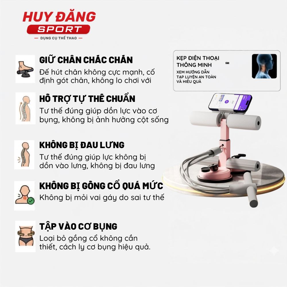 HuyDangSport Dụng cụ tập cơ bụng nâng cấp 2 đế, trụ T kèm dây kéo hút chân không tại nhà DC003