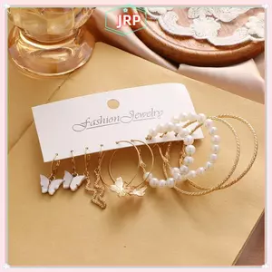 JRP 5 Cặp Thời Trang Lớn Màu Bạc Tròn Vòng Tròn Ngọc Trai Vòng Bông Tai Cho Bé Gái Rắn Bướm Tòn Ten Bông Tai Nữ Trang Sức JRP