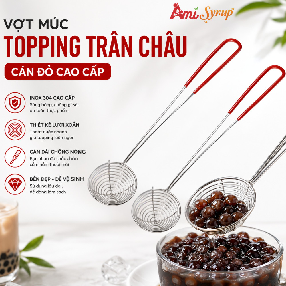 Vợt Múc Topping Trân Châu - Vợt Inox Vớt Trân Châu, Topping Cao Cấp Cán Đỏ