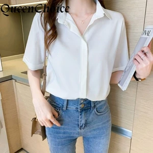 Áo sơ mi nữ tay ngắn màu trắng trơn cho nữ mùa hè Áo sơ mi công sở thông thường