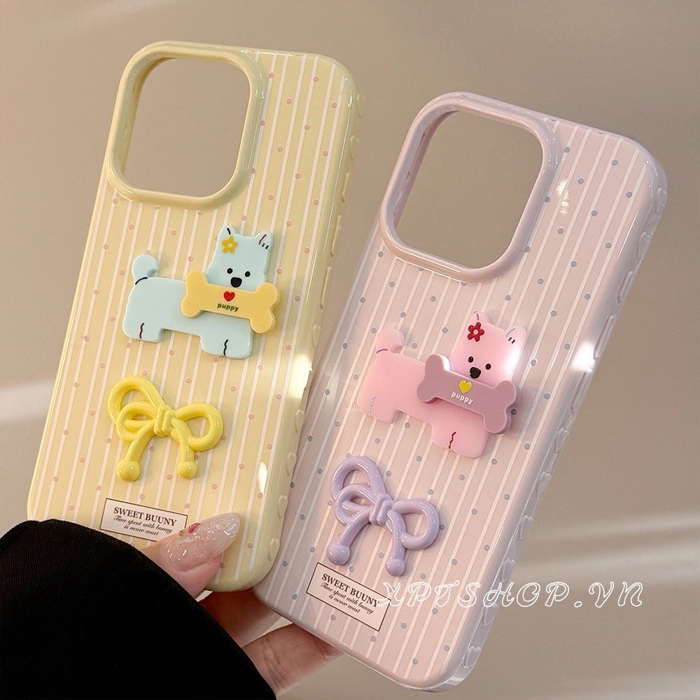 Ốp điện thoại mềm hình chó xương nơ 3D cho iPhone 17 Pro Max 16 15 14 13 Vỏ bảo vệ chống sốc
