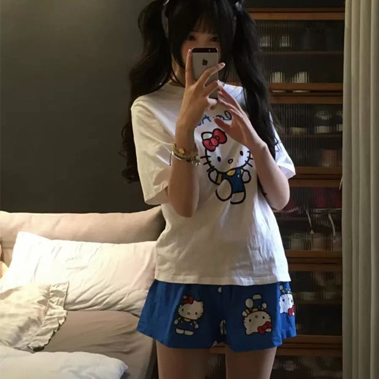 Bộ Đồ Ngủ hellokitty Dễ Thương Nữ Quần Short Tay Ngắn ins Phong Cách Plus Kích Thước Thường Ngày Một Mảnh Hàng Đầu