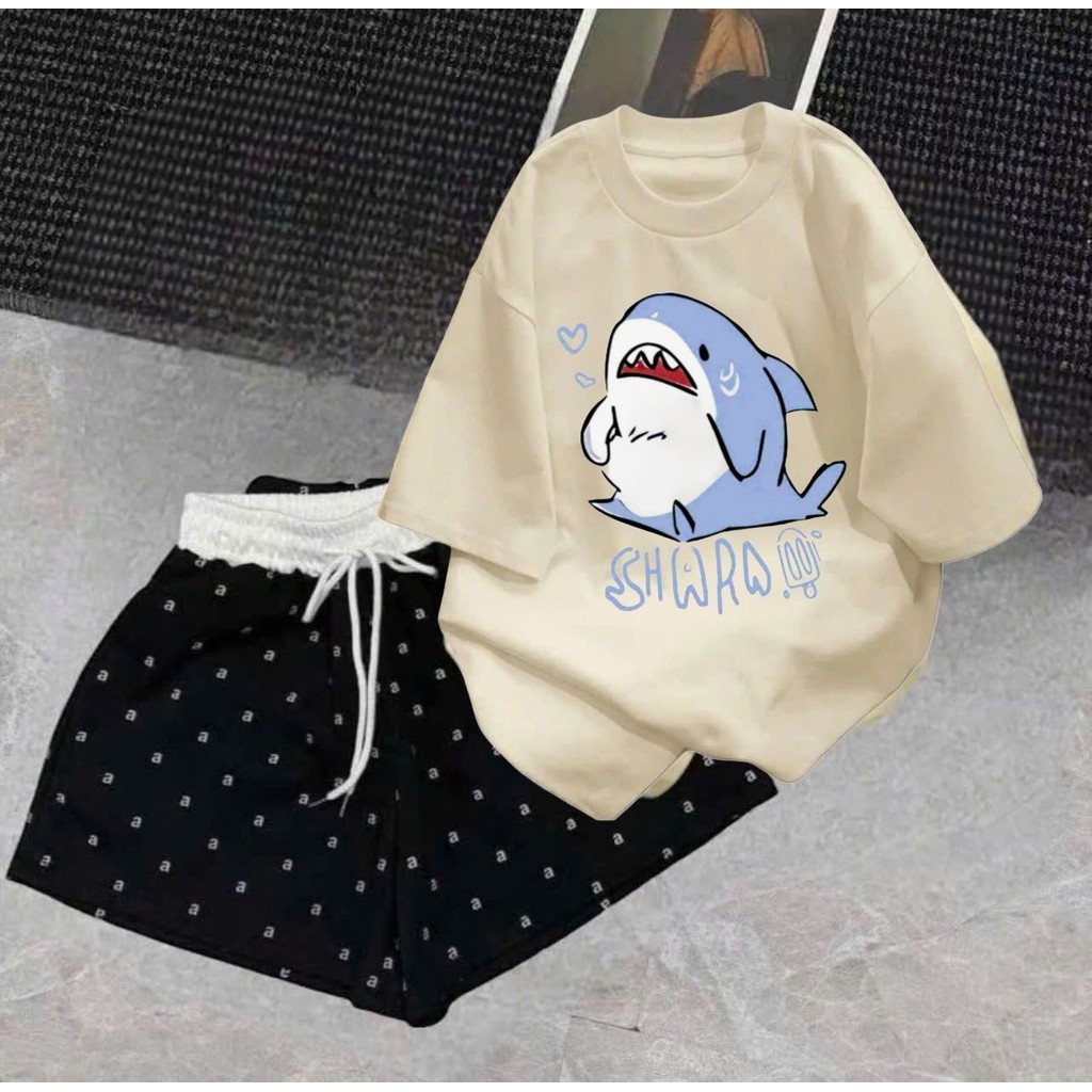 Sét đồ quần đùi cộc + kết hợp áo phông form rộng unisex nam nữ  thời thượng cá mập