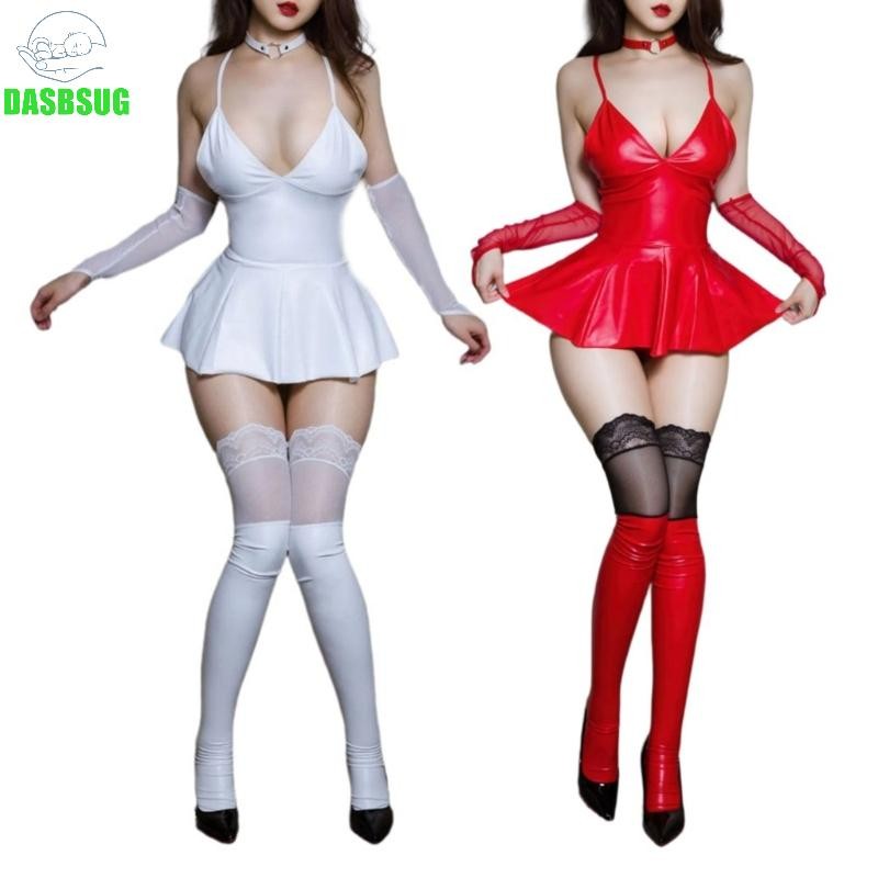 DASBSUG Váy ngủ bodycon nữ bằngPU không tay, xếp ly, phù hợp cho hộp đêm