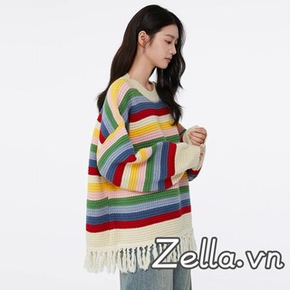 Áo len nữ dáng Oversize sọc cầu vồng, tay dài cổ tròn, chất liệu cao cấp
