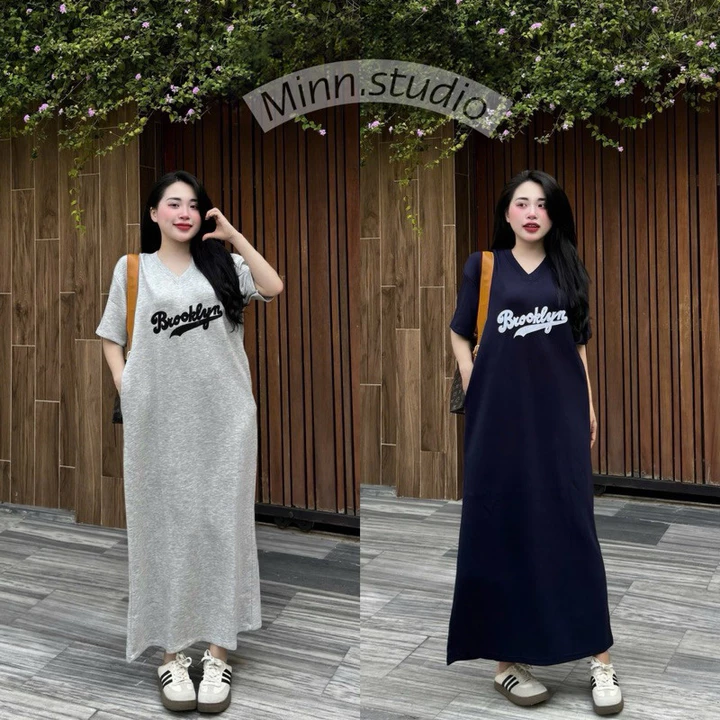 @Minn- Váy Suông Umi Chữ Thêu Dáng Dài. Váy Phom Suông Cổ V, Basic Dễ Mặc Hàng Ngày