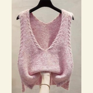 2025 Hàn Quốc Sang Trọng Retro Mềm Mại Sáp Lười Phong Cách Dệt Kim Cao Cấp Màu Hồng Cổ Chữ v Áo Vest Áo Len Nữ