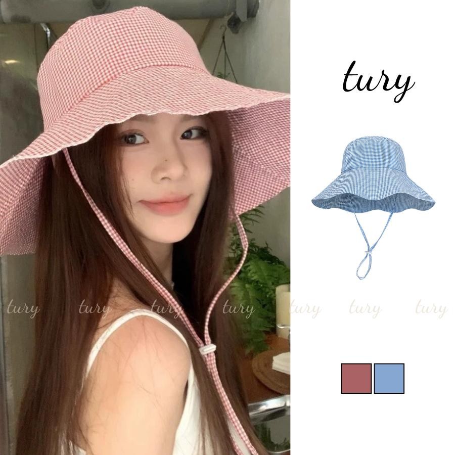 Mũ Tai Bèo Nữ - Tury - Mũ Bucket Vành Rộng Caro Phối Dây Rút - NV095