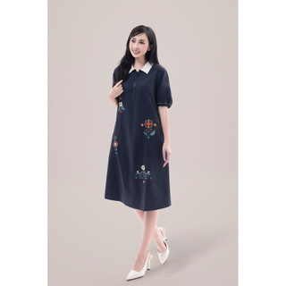 SWANLAKE | Váy Đầm Nữ Suông Vải Cotton Thêu Hoa Cổ Sơ Mi Tay Ngắn Phồng Công Sở Thanh Lịch D13077