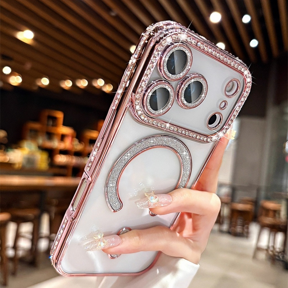 Ốp điện thoại từ tính kim cương lấp lánh cho iPhone 17 Pro Max 12 13 14 15 16 Pro Max Ống kính bảo vệ Camera Vỏ chống sốc Vỏ mềm TPU Vỏ bảo vệ điện thoại