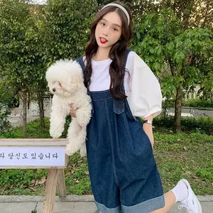 Quần yếm Denim nữ mùa hè Phong cách mới tươi dáng rộng viền cong rộng quần short